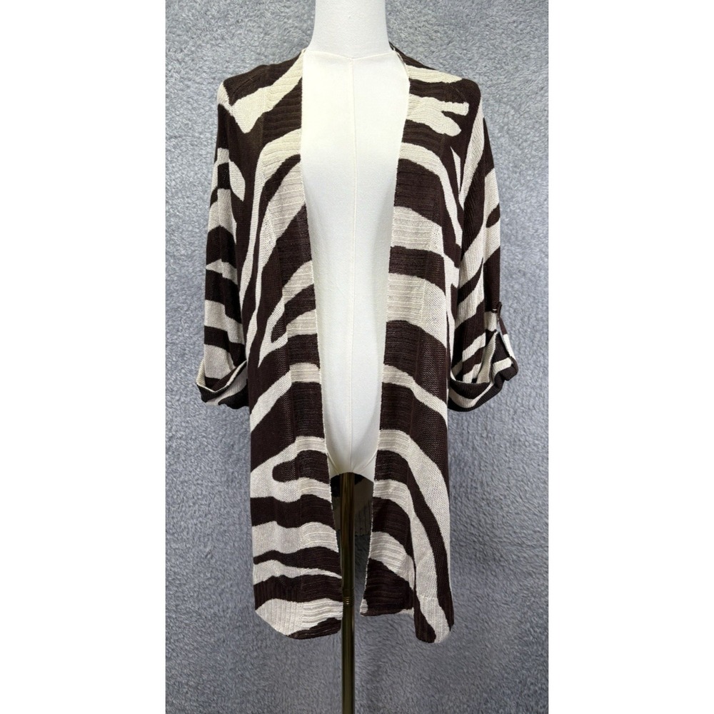 Chicos Womens Open Knit Cardigan Longline Brown Zebra Linen Blend Boho Lagen L